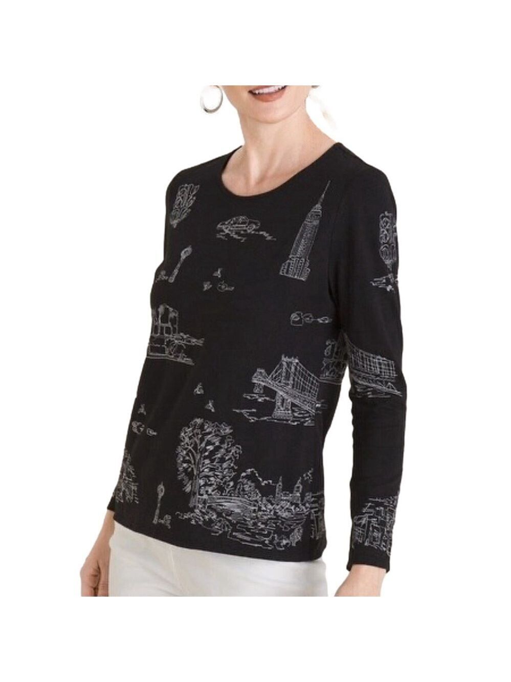 Chico's Embroidered Scenic Long Sleeve Cotton Modal Tee Medium Black
